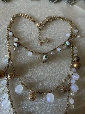 Gold-Tone Multi-Strand Necklace with White Beads and Cloisonné Accents Asian